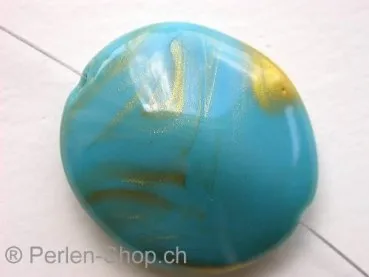 Plasticbeads oval flat, turquoise/gold, ±32x29mm, 1 pc.
