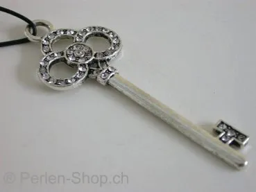 Schlüssel mit 40 Strasssteinen, ±65x24mm, antik silberfarbig, 1 Stk.