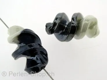Glasperlen Wokkel, weiss/schwarz, ±26x15mm, 2 Stk.