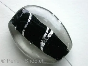 Glassbeads flat oval, black, ±30x23x10mm, 1 pc.