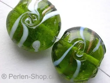 Glassbeads gold decorated, flat round, green, ±20mm, 2 pc.