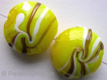 Glassbeads gold decorated, flat round, yellow, ±20mm, 2 pc.