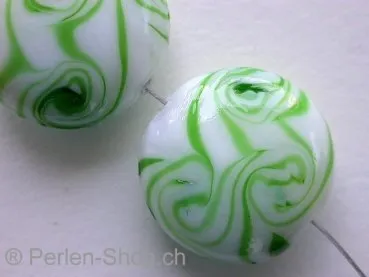 Glassbeads with decoration, flat round, green, ±20mm, 2 pc.