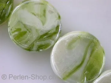 Glasperlen mit verzierung, rund flach, grün, ±20mm, 2 Stk.