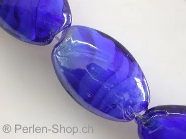 Glassbeads with decoration, flat oval, blue, ±24mm, 2 pc.