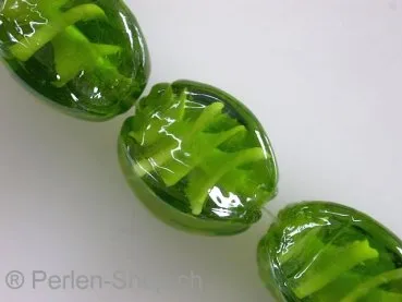 Glassbeads with decoration, nuggets, green, ±17mm, 2 pc.