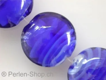 Glassbeads with decoration, flat round, blue, ±20mm, 2 pc.