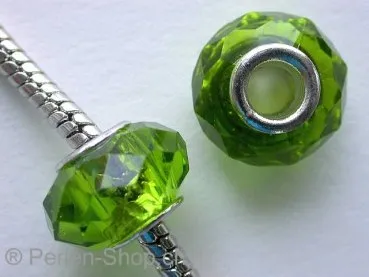 Troll-Beads Style Facet-Glassbeads, green, ±9x14mm, 1 pc.