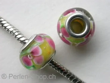 Troll-Beads Style Glasperlen, gelb/rosa, ±9x14mm, 1 Stk.