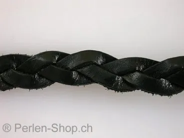 Lederband gevlochten ab Spule, schwarz, ±10x3mm, 10cm