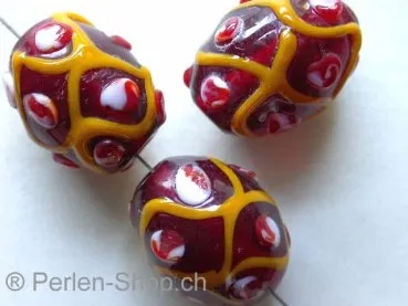 Lamp-Beads oval red with yellow, 18mm, 1 pc.