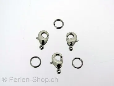 Edelstahl Karabiner Verschluss mit ring, Farbe: Platinum, Grösse: ±10 mm, Menge: 2 Stk