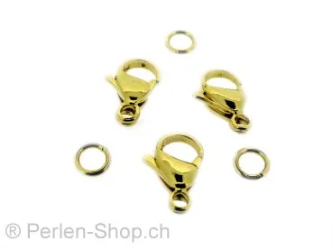 Stainless Steel Lobster Clasps with ring, Color: gold, Size: ±15 mm, Qty: 2 pc.