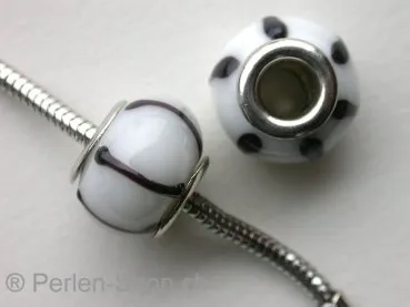 Troll-Beads Style glassbeads, white/black, ±11x14mm, 1 pc.