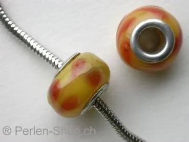 Troll-Beads Style Glasperlen, gelb/rot, ±9x14mm, 1 Stk.