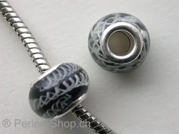 Troll-Beads Style glassbeads, black/white, ±10x14mm, 1 pc.
