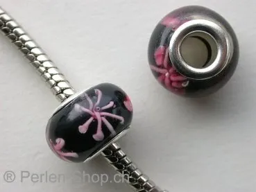 Troll-Beads Style glassbeads, black/pink, ±9x14mm, 1 pc.