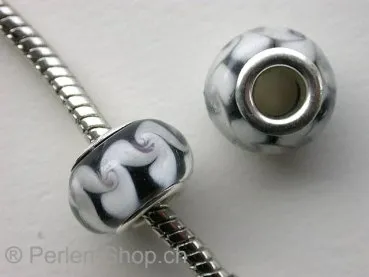 Troll-Beads Style glassbeads, white/black, ±9x14mm, 1 pc.