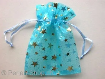 Gift bag (Organza), silk, turquoise with gold, ±10x13cm, 1 pc.