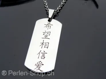 Kette aus Edelstahl mit chinesischen Zeichen. Hoffnung, Glaube und Liebe