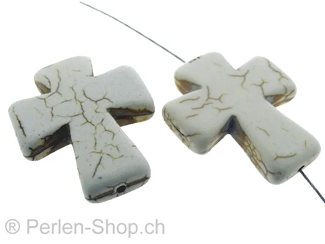 Croix, pierre semi précieuse, Couleur: blanc, Taille: ±36x30x7mm, Quantite: 1 piece