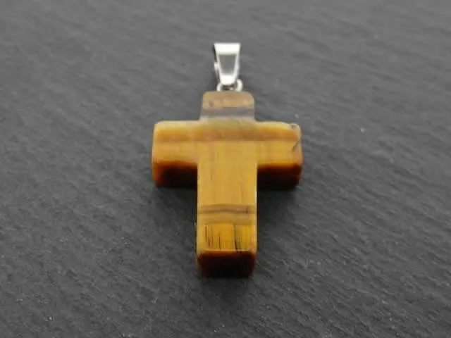 Tigereye Cross Pendant, Semi-Precious Stone, Color: brown, Size: ±25x6mm, Qty: 1 pc