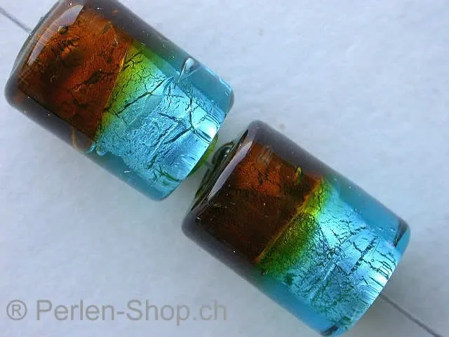 Silver Foil cylinder, brown/turquoise, ±16mm, 5 pc.