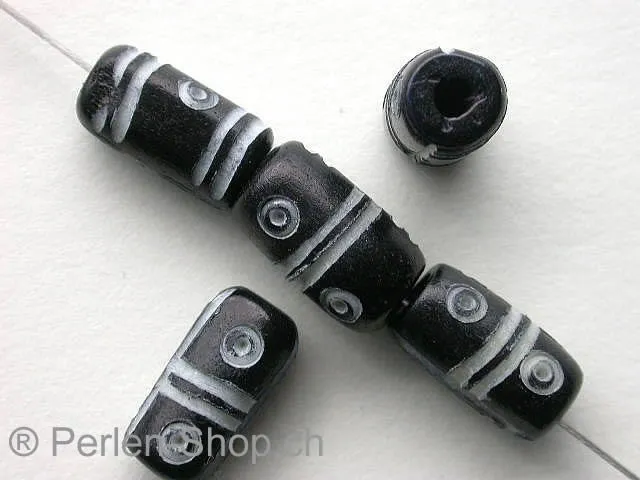 Bone Beads cylinder with motive, black, 13mm, 5 Pc.