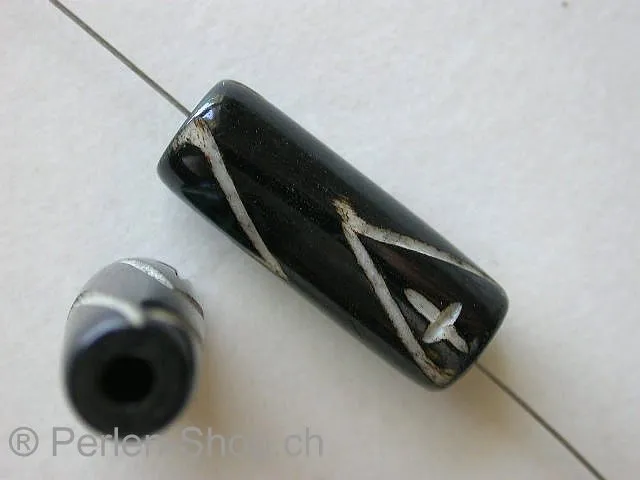 Bone Beads cylinder with motive, black, 24x9mm, 2 Pc.