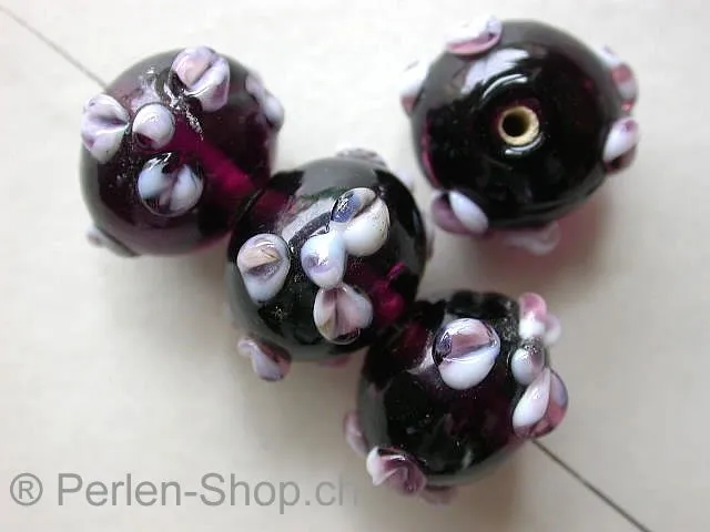 Lampen-Perlen flower, violett mit weiss, ca. 17mm, 1 Stk.
