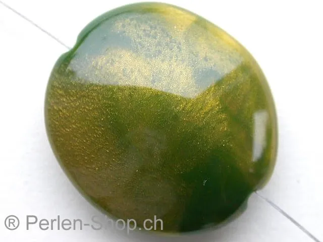 Kunststoffperle oval flach, grün/gold, ±32x29mm, 1 Stk.