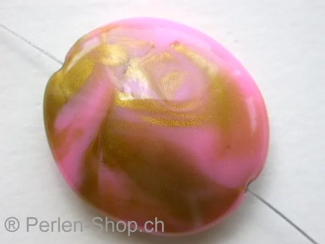 Kunststoffperle oval flach, rosa/gold, ±32x29mm, 1 Stk.