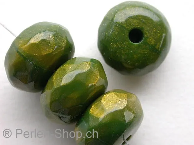 Plasticbeads rondell, green/gold, ±9x16mm, 3 pc.