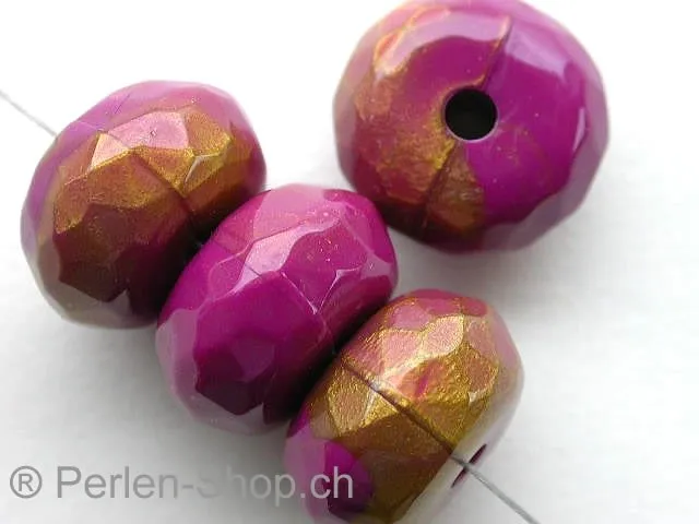 Kunststoffperle rondell, violett/gold, ±9x16mm, 3 Stk.