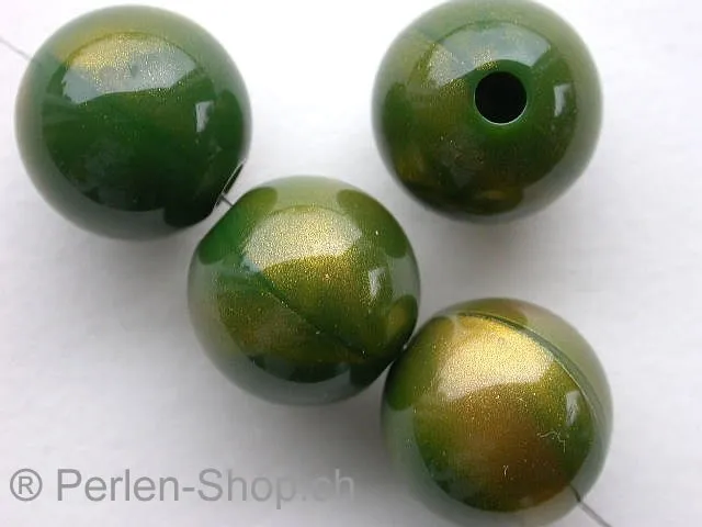 Kunststoffperle rund, grün/gold, ±14mm, 4 Stk.