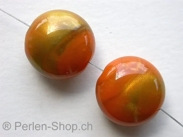 Plasticbeads round flat, orange/gold, ±9x16mm, 3 pc.