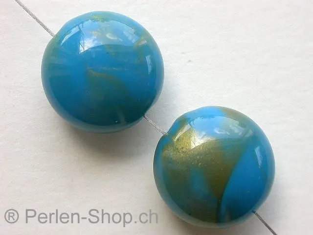 Plasticbeads round flat, turquoise/gold, ±9x16mm, 3 pc.