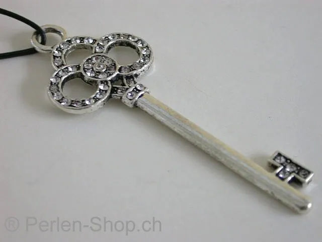 Key with 40 rhinestones, ±65x24mm, antik silver color, 1pc.