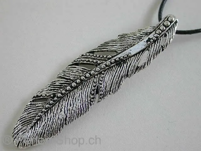 Pendant feather, Color: antique silver, Size: ±51x13mm, Qty: 1 pc.