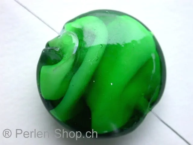 Glassbeads flat round, green, ±29x13mm, 1 pc.