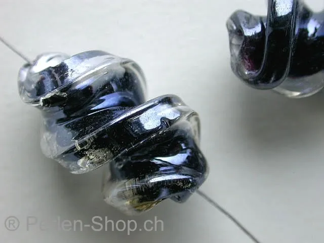 Glasperlen Wokkel, schwarz, ±26x15mm, 2 Stk.