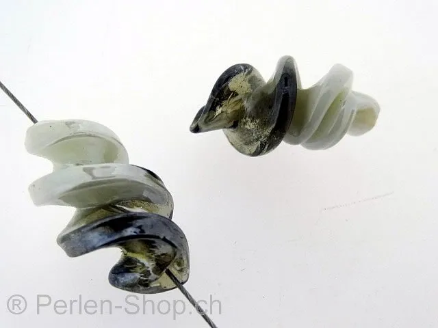 Glasperlen Wokkel, weiss/grau, ±26x15mm, 2 Stk.