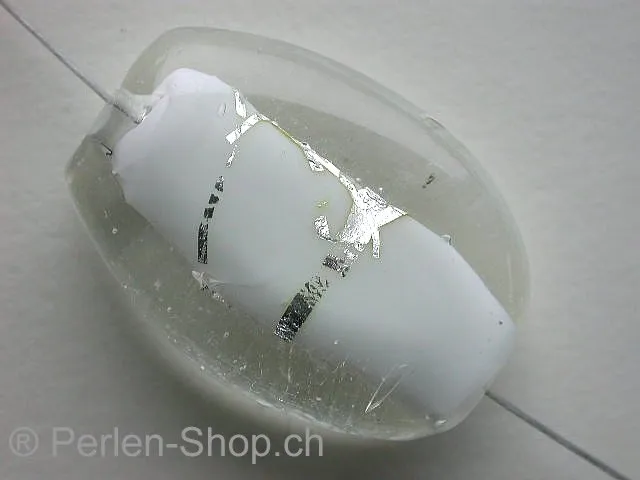 Glassbeads flat oval, white, ±30x23x10mm, 1 pc.