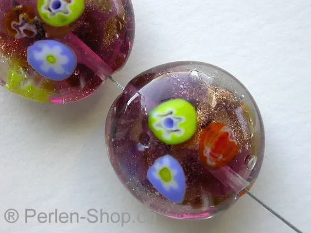 Millifori Glassbeads, flat round, purple, ±20mm, 2 pc.