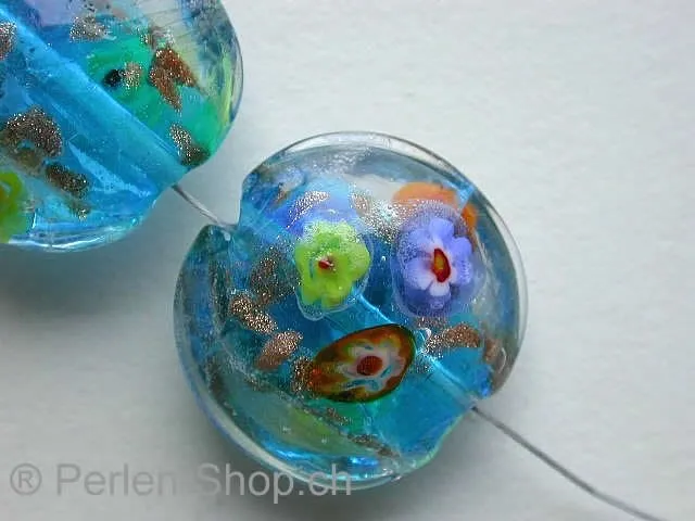Millifori Glassbeads, flat round, turquoise, ±20mm, 2 pc.