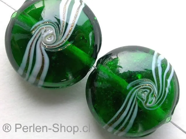 Glassbeads gold decorated, flat round, green, ±20mm, 2 pc.