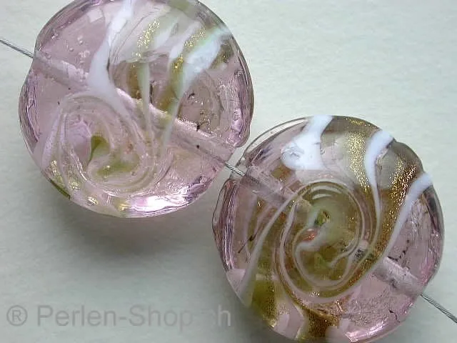 Glassbeads gold decorated, flat round, rose, ±20mm, 2 pc.
