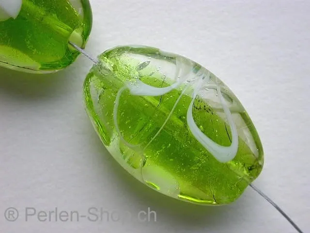 Glasperlen oval verziert, grün, ±25x18mm, 1 Stk.