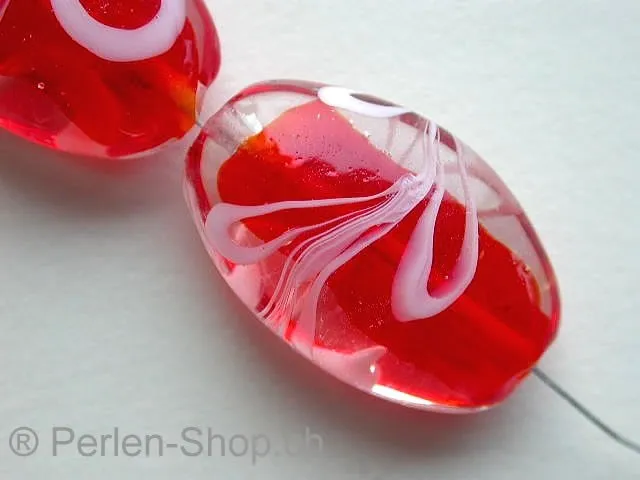 Glassbeads oval, red, ±25x18mm, 1 pc.