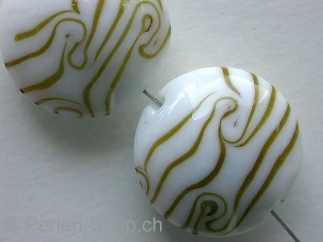 Glassbeads with decoration, flat round, gold, ±20mm, 2 pc.